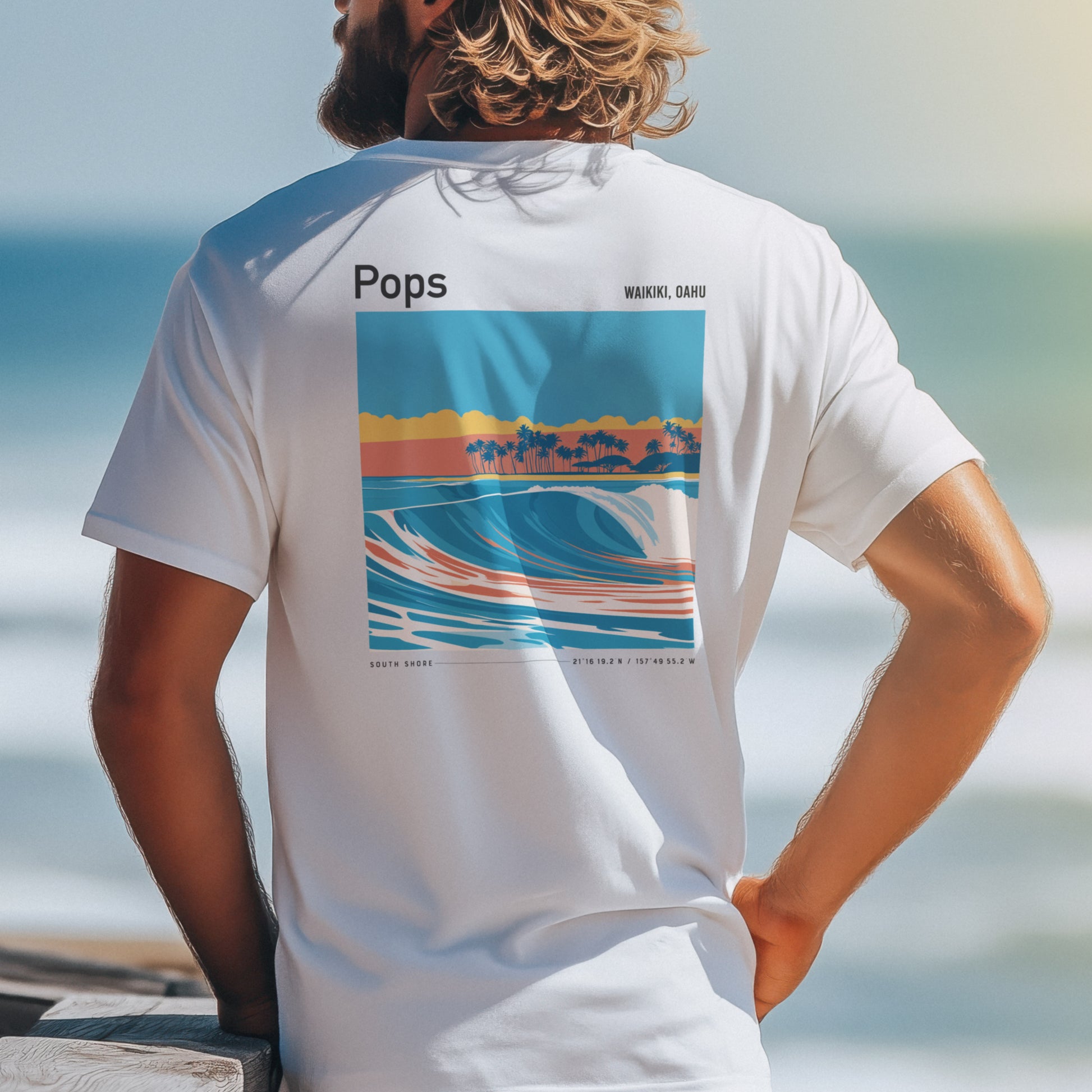 Populars, Hawaii Surf T-Shirt | Warm Walls, Island Soul — design printed on the back of the t-shirt