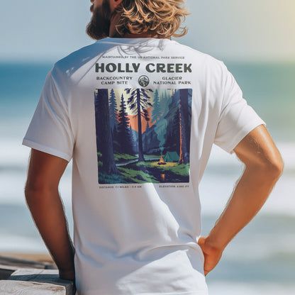 Holly Creek Backcountry Site Hiking T-Shirt | Camper Gift | Glacier Wilderness Trail Tee — design printed on the back of the