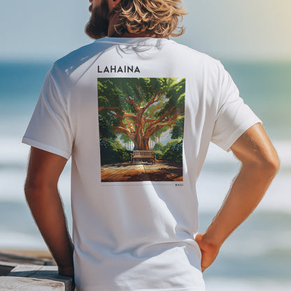 Lahaina, Maui Travel T-Shirt | Old Town Aloha Spirit Tee — design printed on the back of the t-shirt
