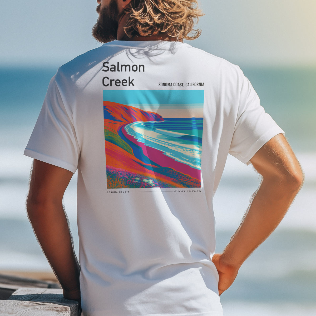 Salmon Creek Surf T-Shirt | Wild Sonoma Coast Wave Art — design printed on the back of the t-shirt