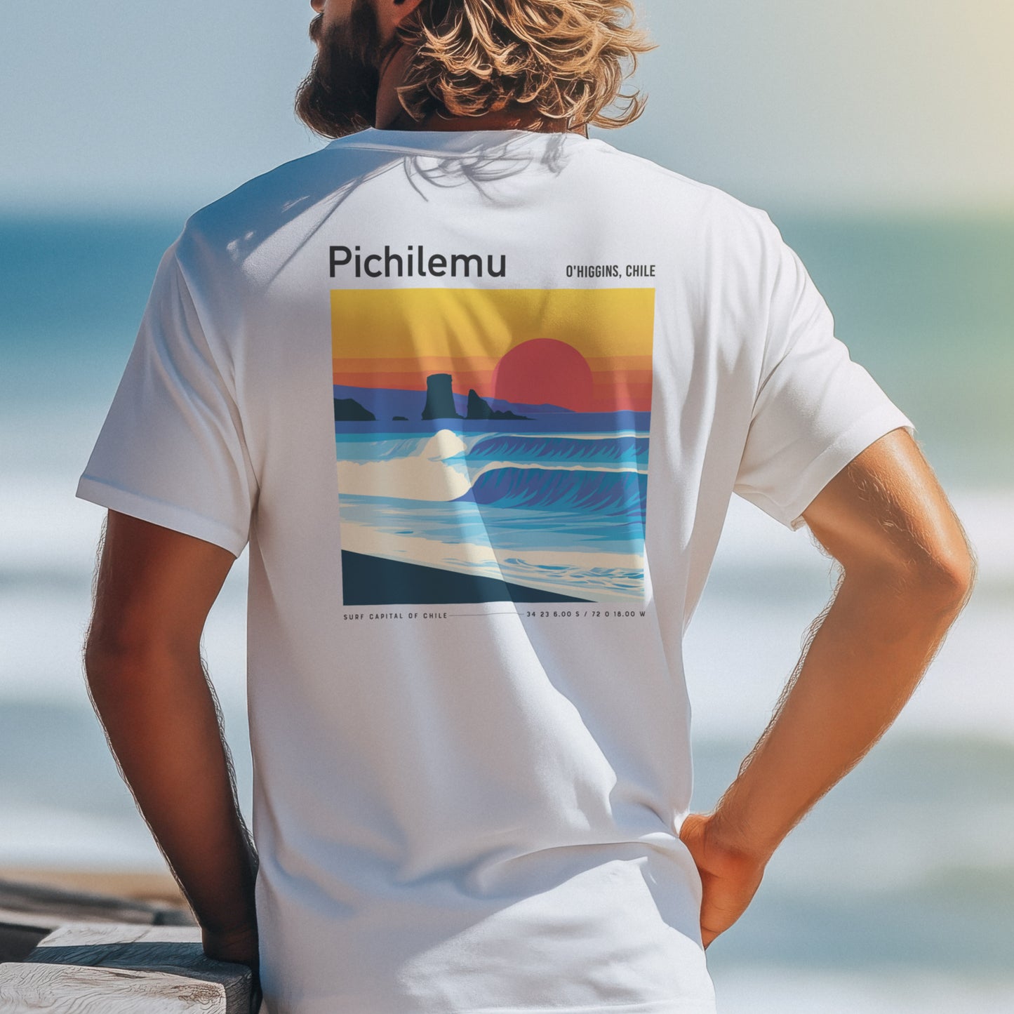 Pichilemu Surf T-Shirt | Chilean Wave Art Tee — design printed on the back of the t-shirt