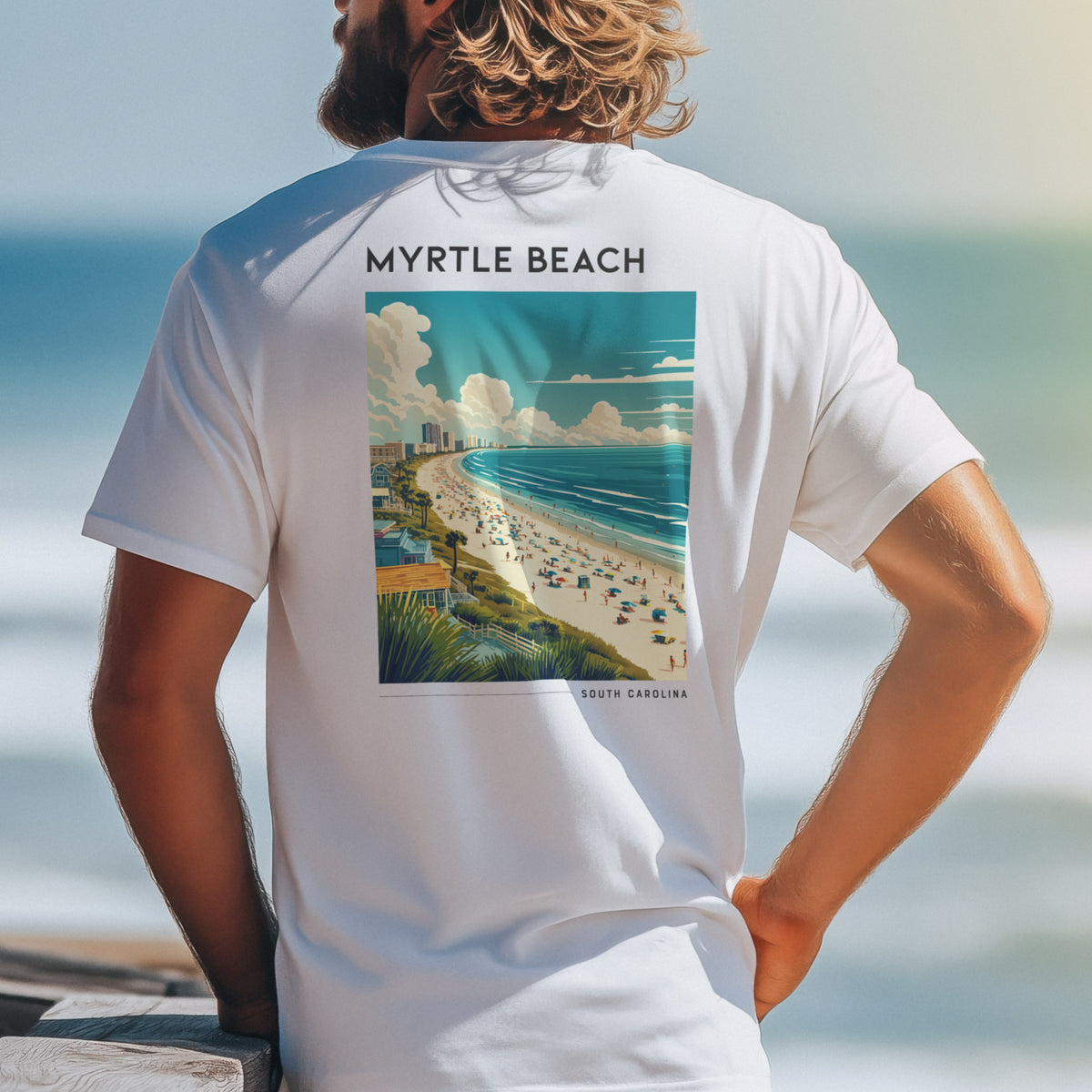 Myrtle Beach Travel T-Shirt | Sun, Sand & Grand Strand — design printed on the back of the t-shirt