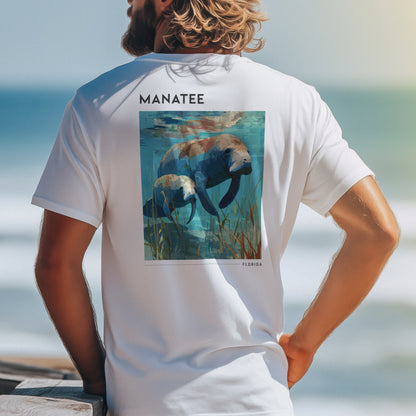 Manatee, Florida Travel T-Shirt | Gentle Waters, Wild Spirit — design printed on the back of the t-shirt