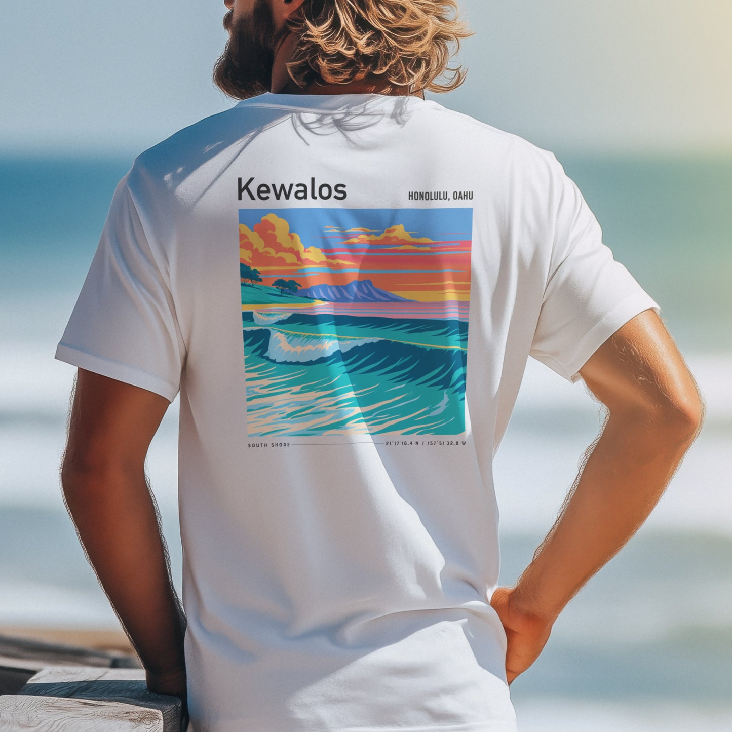Kewalos Surf T-Shirt | Honolulu Break Wave Art Tee — design printed on the back of the t-shirt