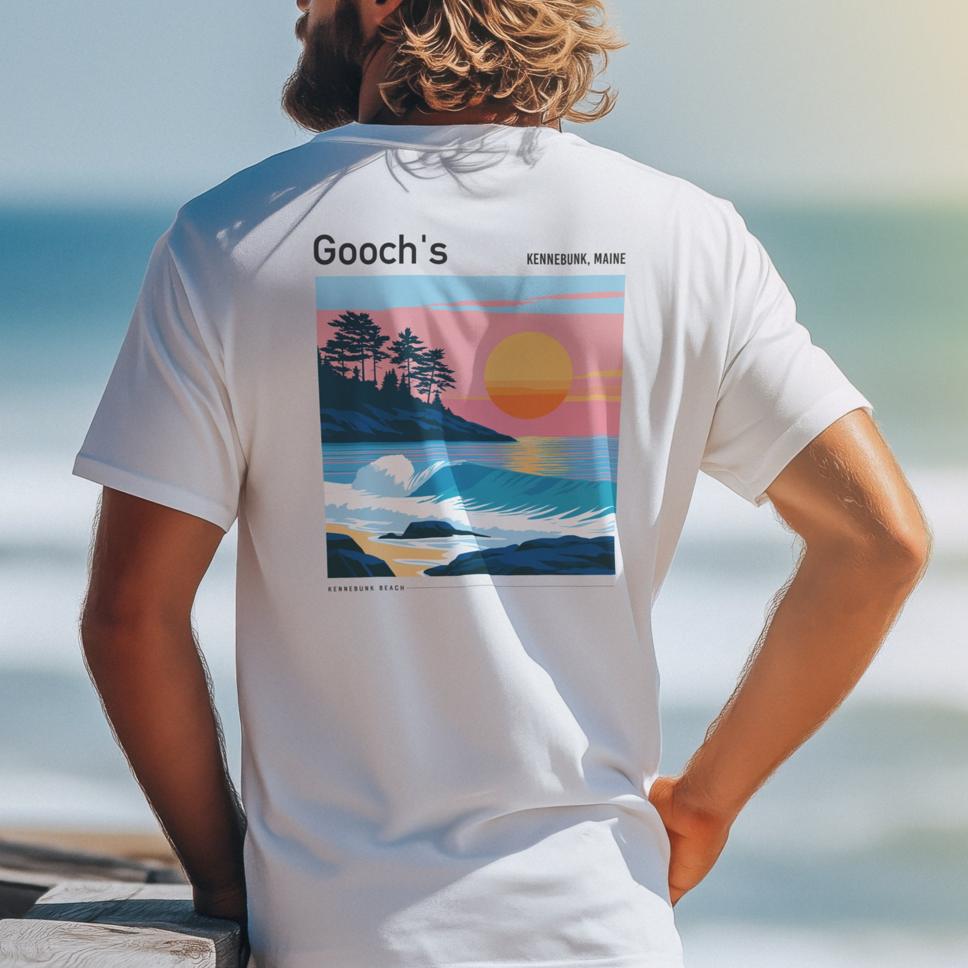 Gooch's Beach Surf T-Shirt | Maine Coast Wave Art Tee — design printed on the back of the t-shirt