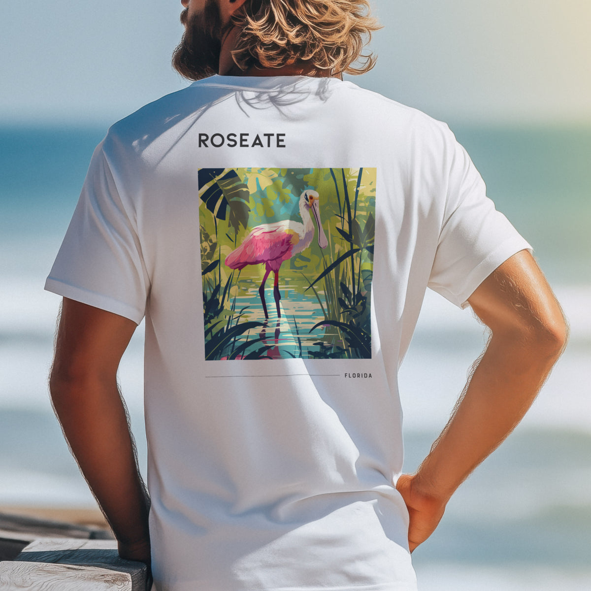 Florida Roseate Spoonbill Travel T-Shirt | Pink Wings, Wild Places — design printed on the back of the t-shirt
