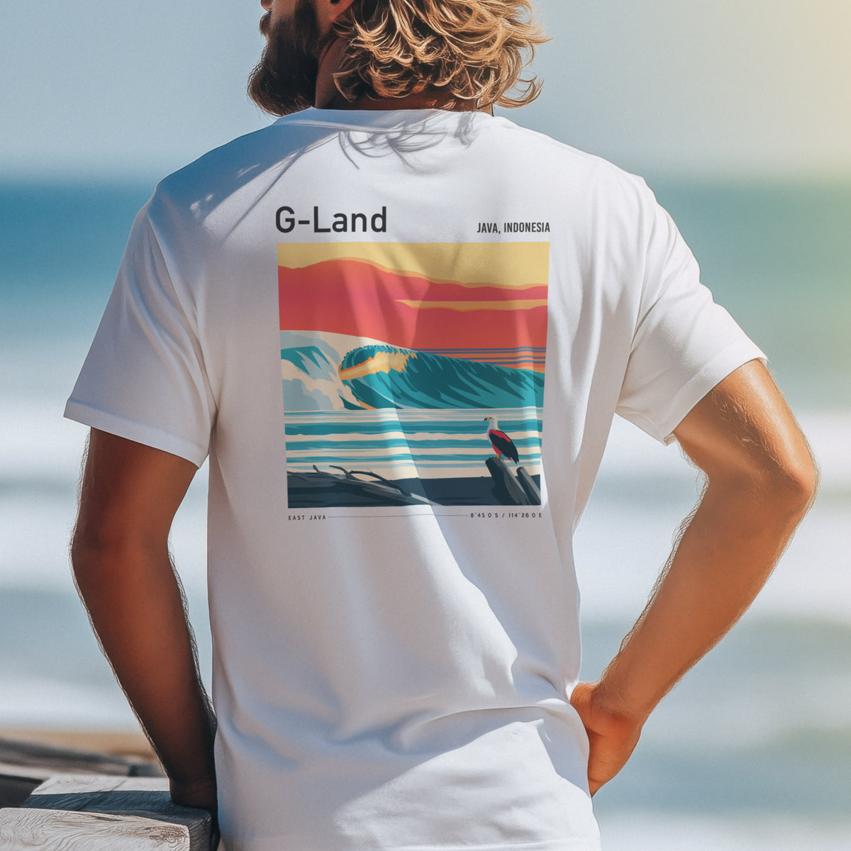 G-Land, Java Surf T-Shirt | Legendary Indonesian Wave Art — design printed on the back of the t-shirt