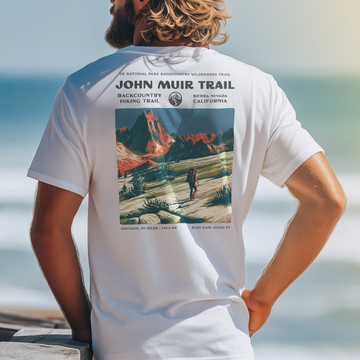 John Muir Trail Hiking T-Shirt | Hiker Gift | Sierra Nevada Trail Tee — design printed on the back of the t-shirt