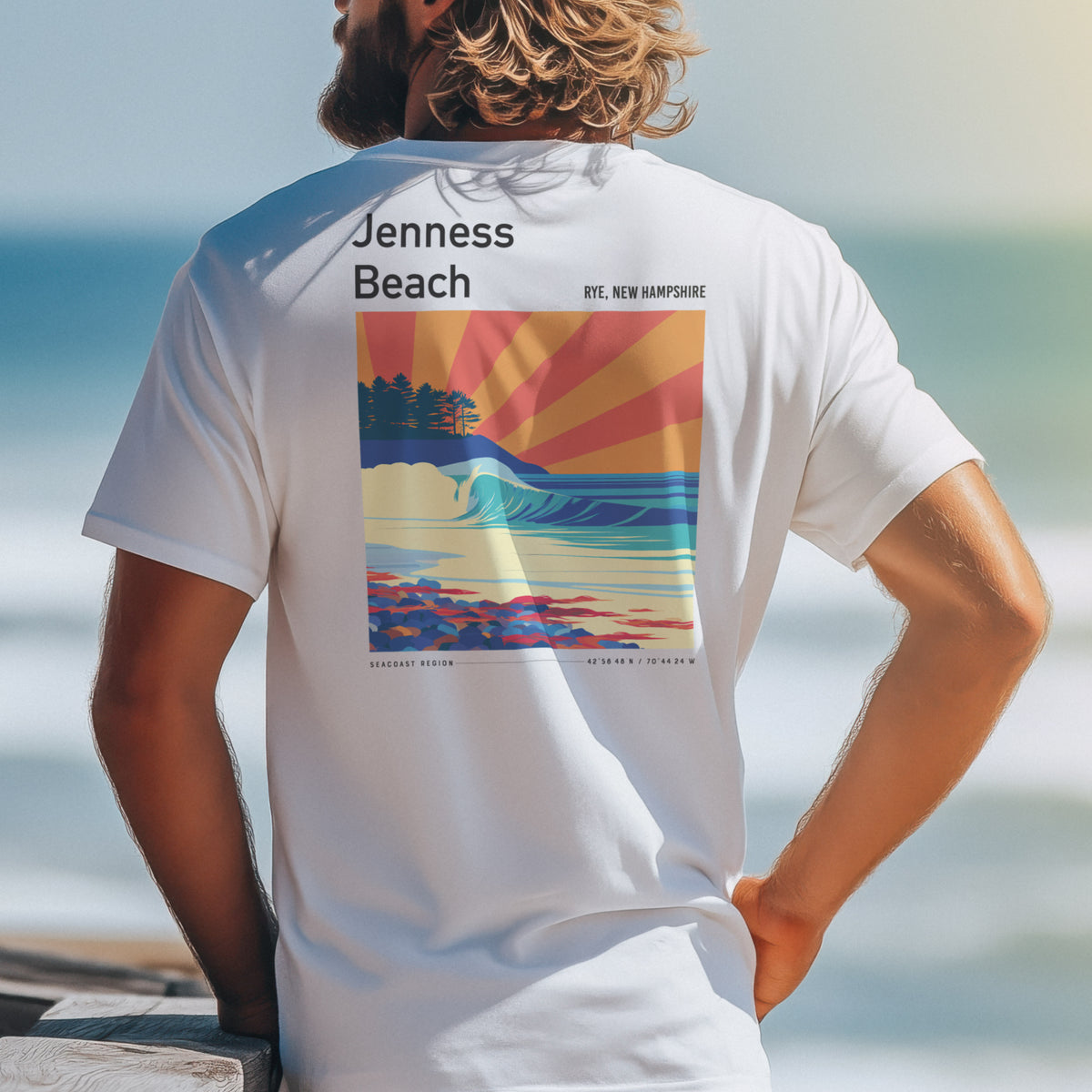 Jenness Beach Surf T-Shirt | New Hampshire Coastal Wave Tee — design printed on the back of the t-shirt