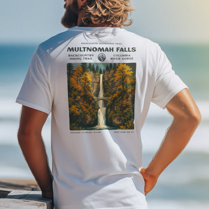 Multnomah Falls Hiking T-Shirt | Hiker Gift | Oregon Waterfall Trail Tee — design printed on the back of the t-shirt