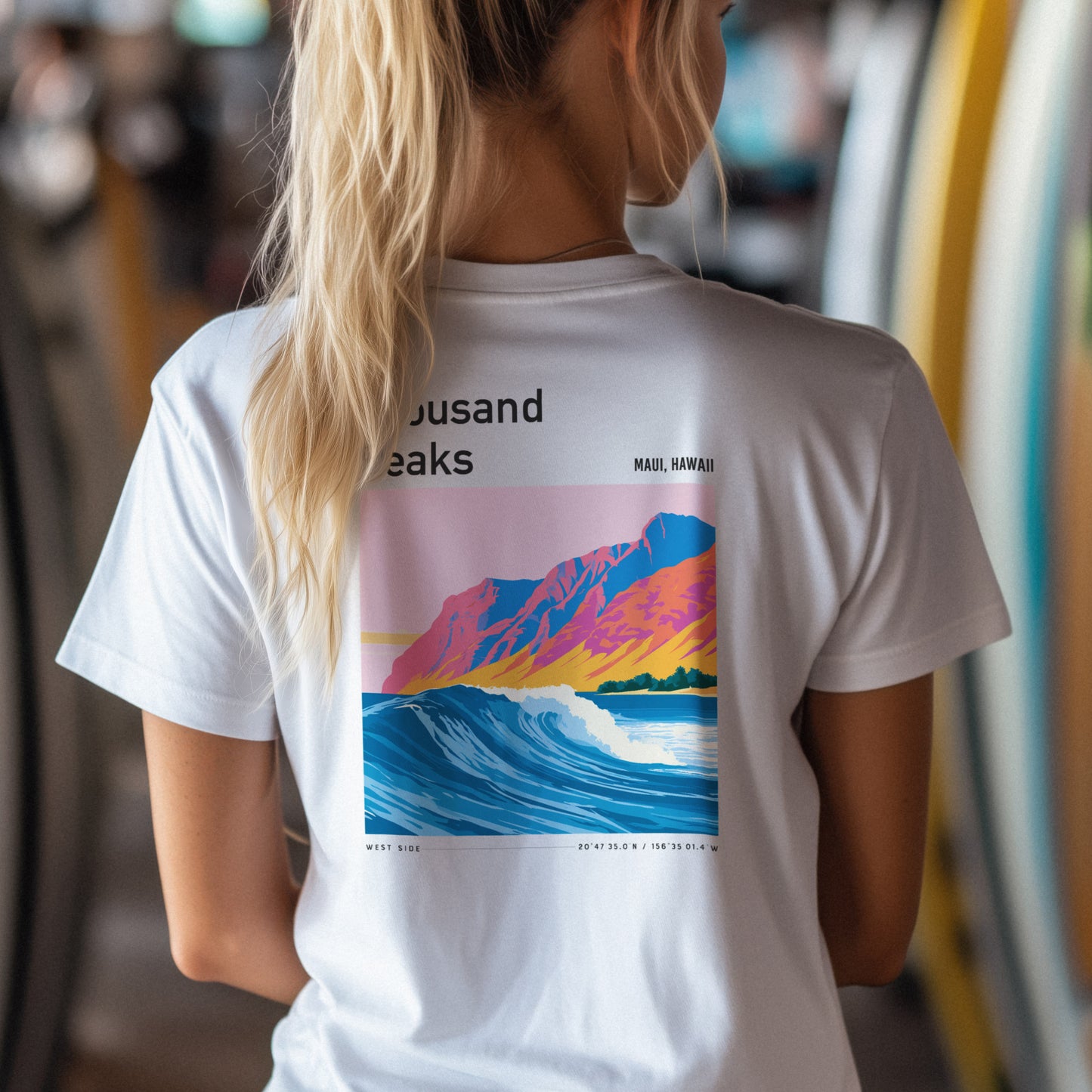 Thousand Peaks Surf T-Shirt | Hawaii Wave Art Tee — design printed on the back of the t-shirt