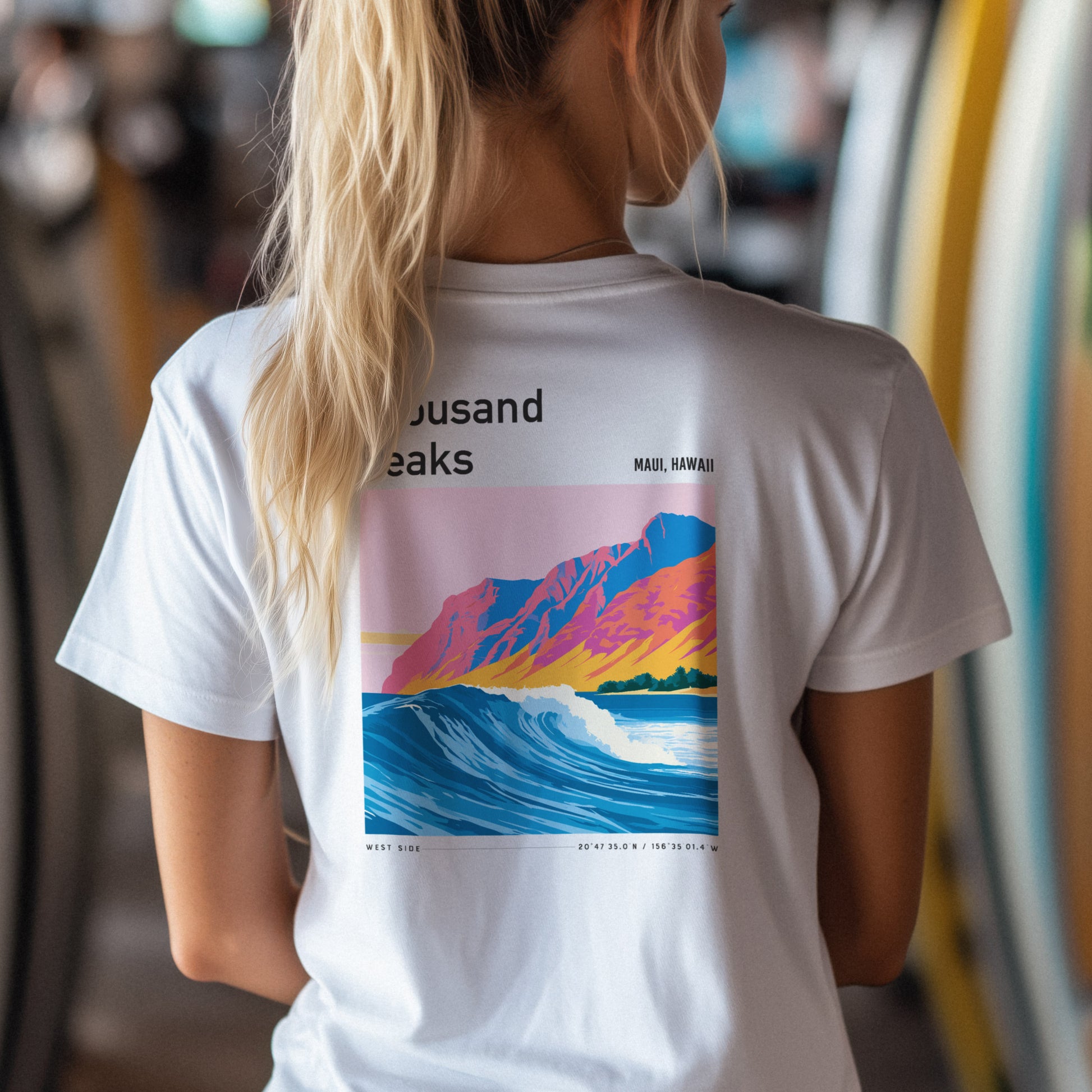 Thousand Peaks Surf T-Shirt | Hawaii Wave Art Tee — design printed on the back of the t-shirt