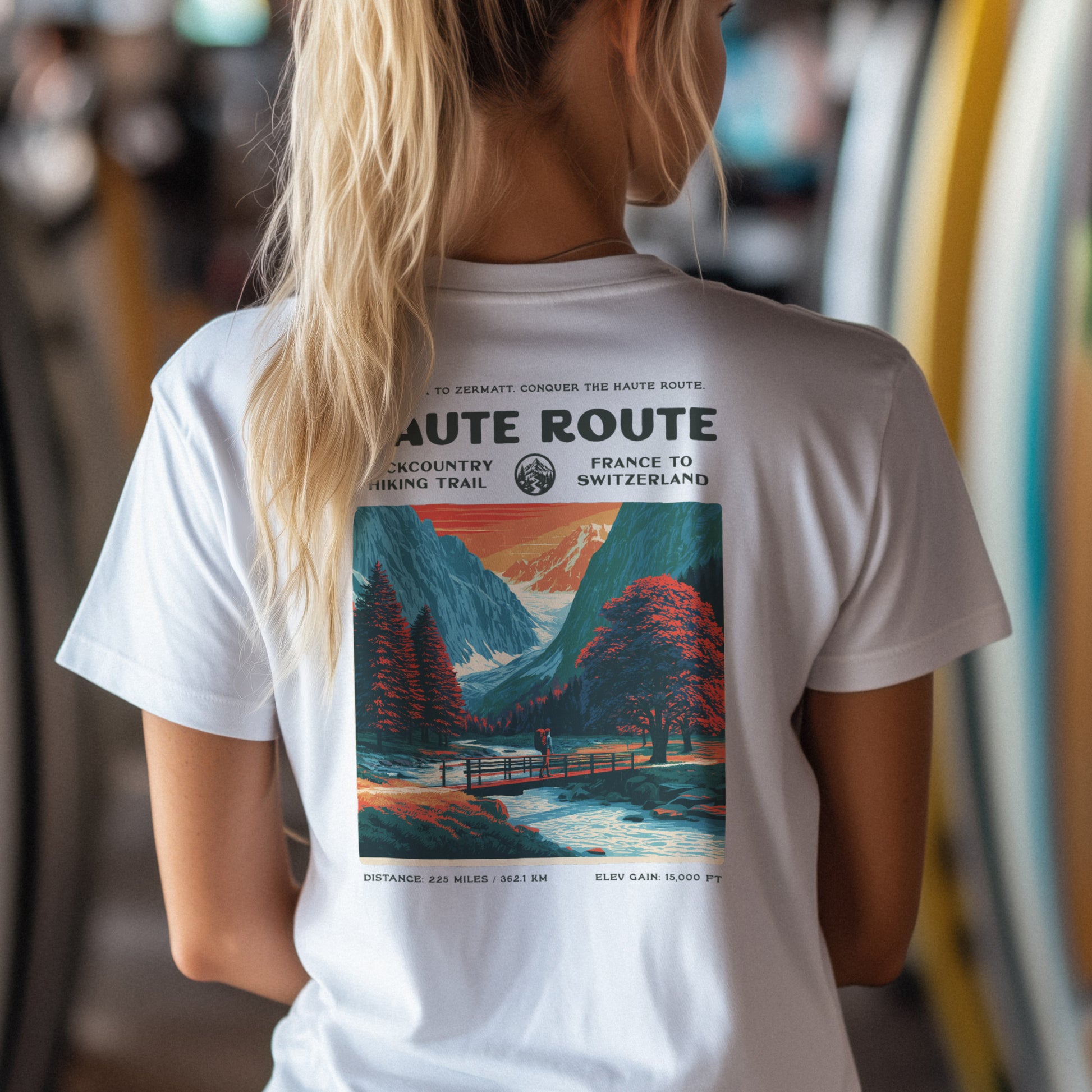 Walker's Haute Route Hiking T-Shirt | Hiker Gift | Alpine Epic Trail Tee — design printed on the back of the t-shirt