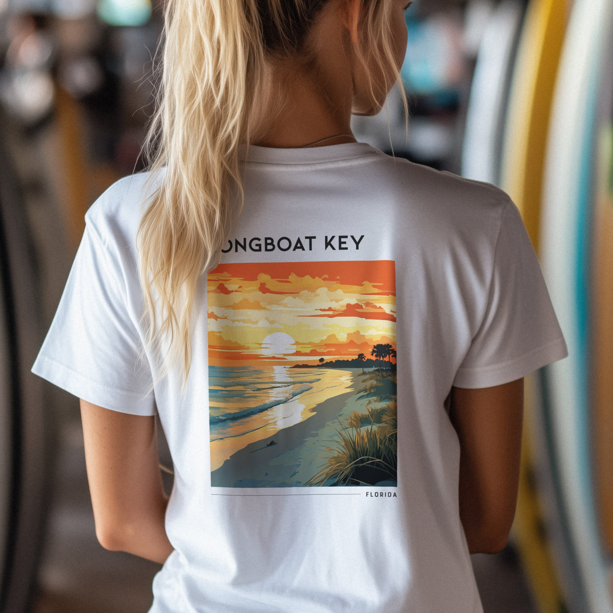 Longboat Key Travel T-Shirt | Gulf Coast Paradise Art Tee — design printed on the back of the t-shirt