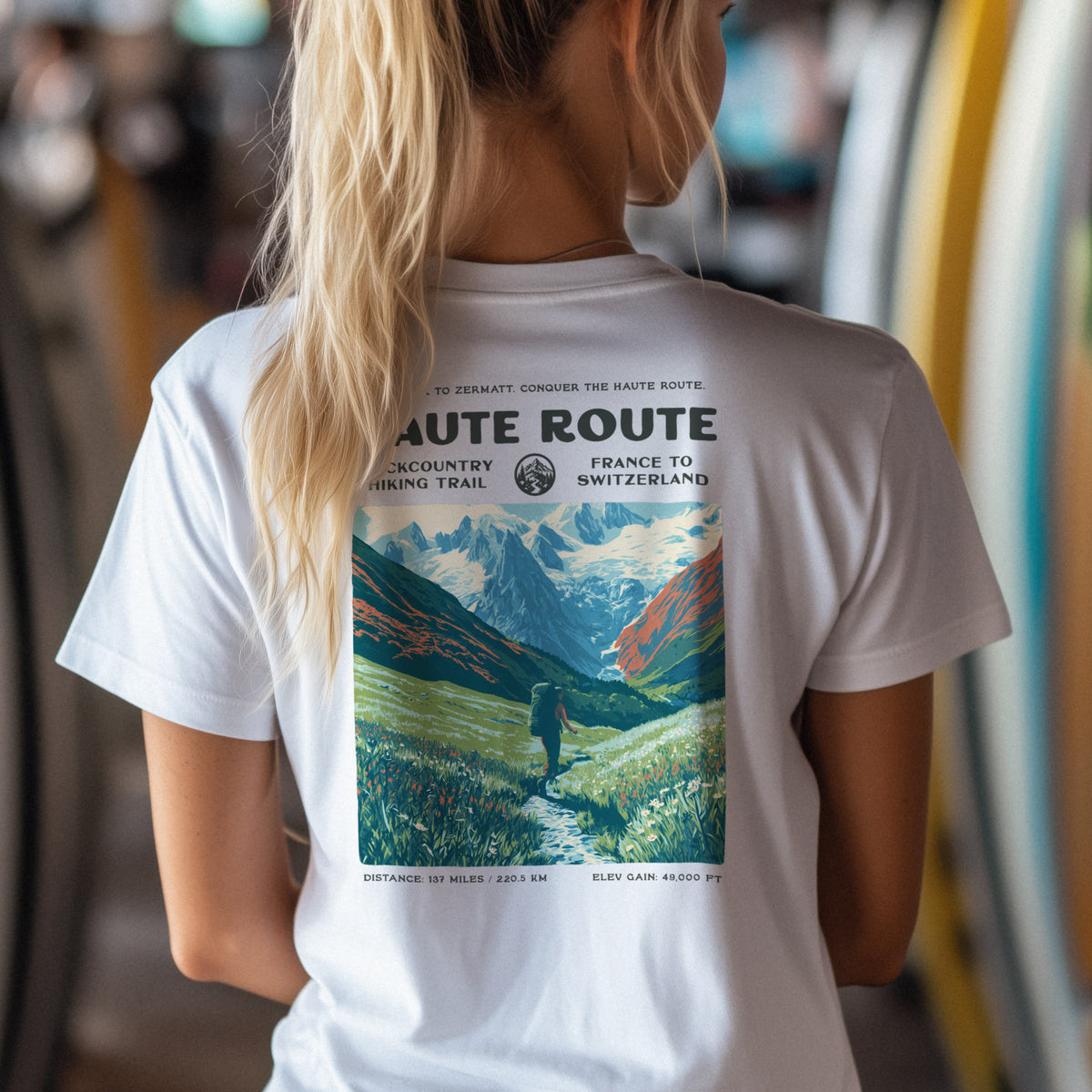 Walker's Haute Route Hiking T-Shirt | Hiker Gift | Alpine Epic Trail Tee — design printed on the back of the t-shirt