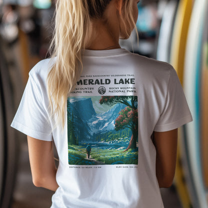 Emerald Lake Hiking T-Shirt | Hiker Gift | Rocky Mountain Trail Tee — design printed on the back of the t-shirt