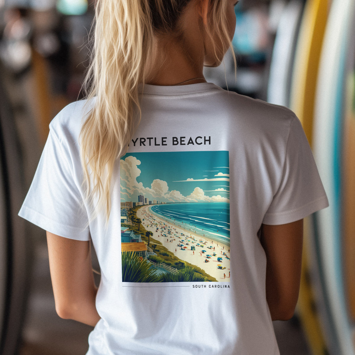 Myrtle Beach Travel T-Shirt | Sun, Sand & Grand Strand — design printed on the back of the t-shirt