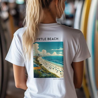 Myrtle Beach Travel T-Shirt | Sun, Sand & Grand Strand — design printed on the back of the t-shirt