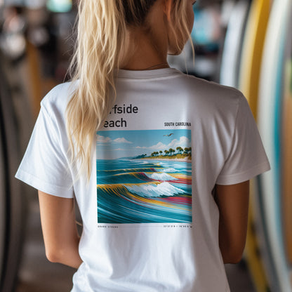 Surfside Beach Surf T-Shirt | South Carolina Shore Wave Tee — design printed on the back of the t-shirt