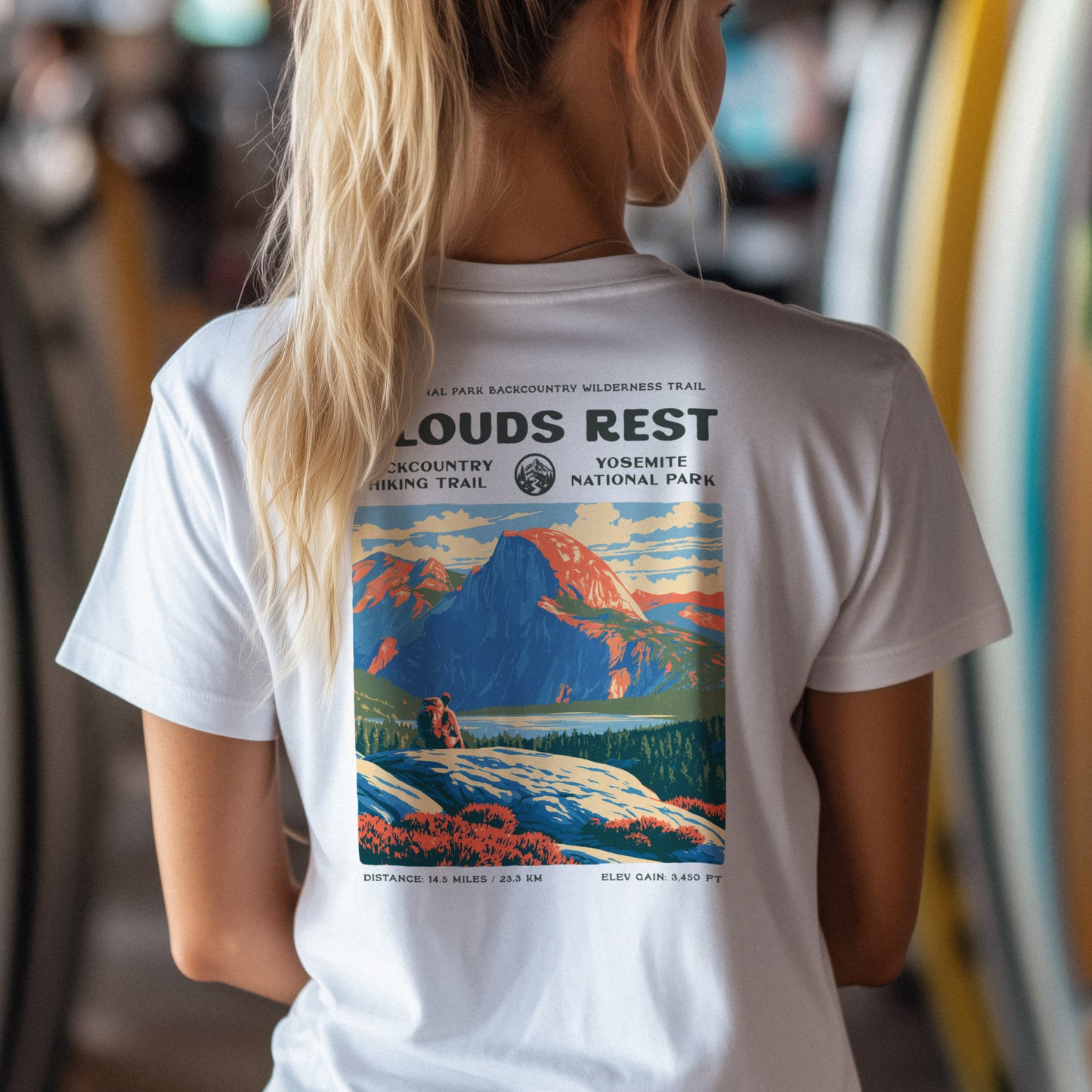 Clouds Rest Hiking T-Shirt | Hiker Gift | Above Yosemite Valley Tee — design printed on the back of the t-shirt