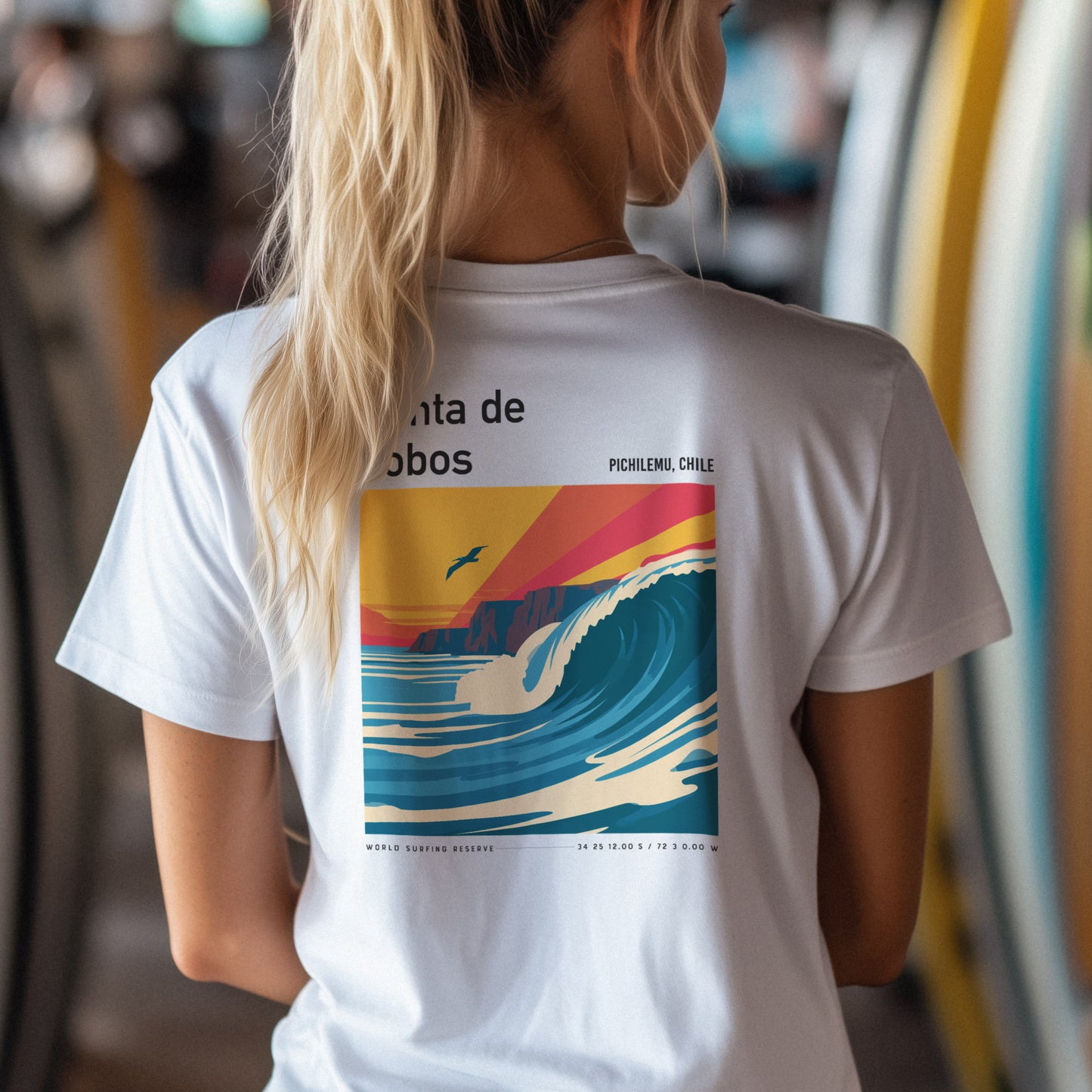 Punta de Lobos Surf T-Shirt | Chilean Point Break Wave Art — design printed on the back of the t-shirt