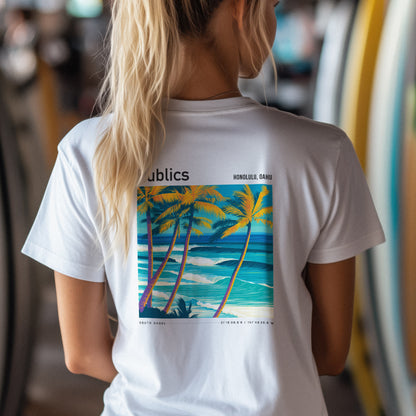 Publics, Hawaii Surf T-Shirt | Waikiki Wave Culture Tee — design printed on the back of the t-shirt