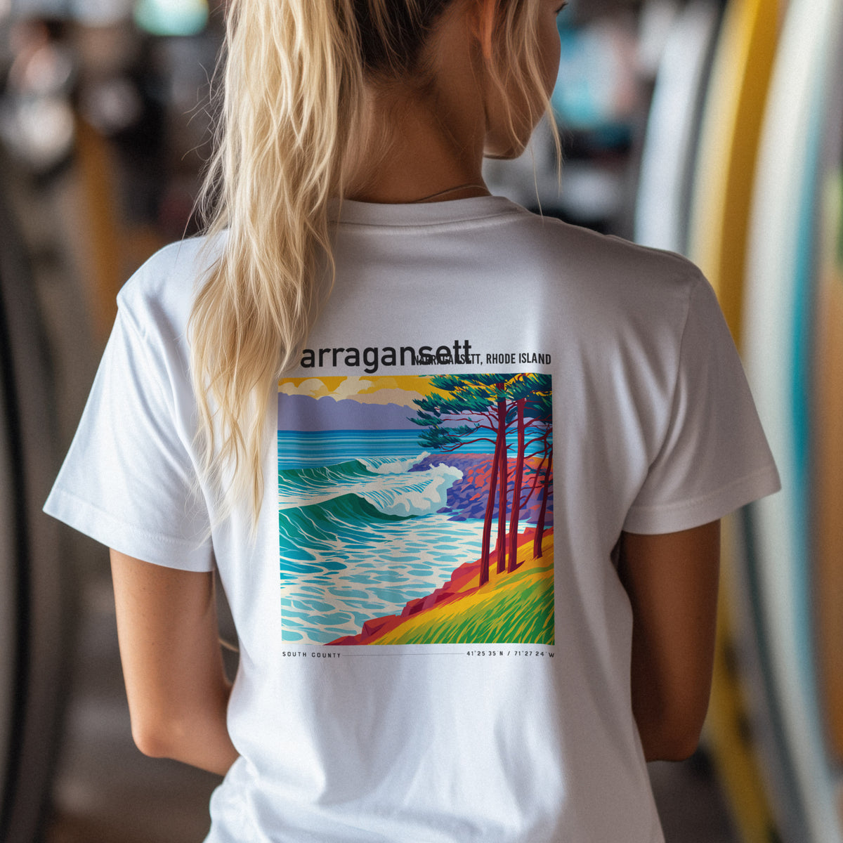 Narragansett Town Beach Surf T-Shirt | Rhode Island Wave Art Tee — design printed on the back of the t-shirt