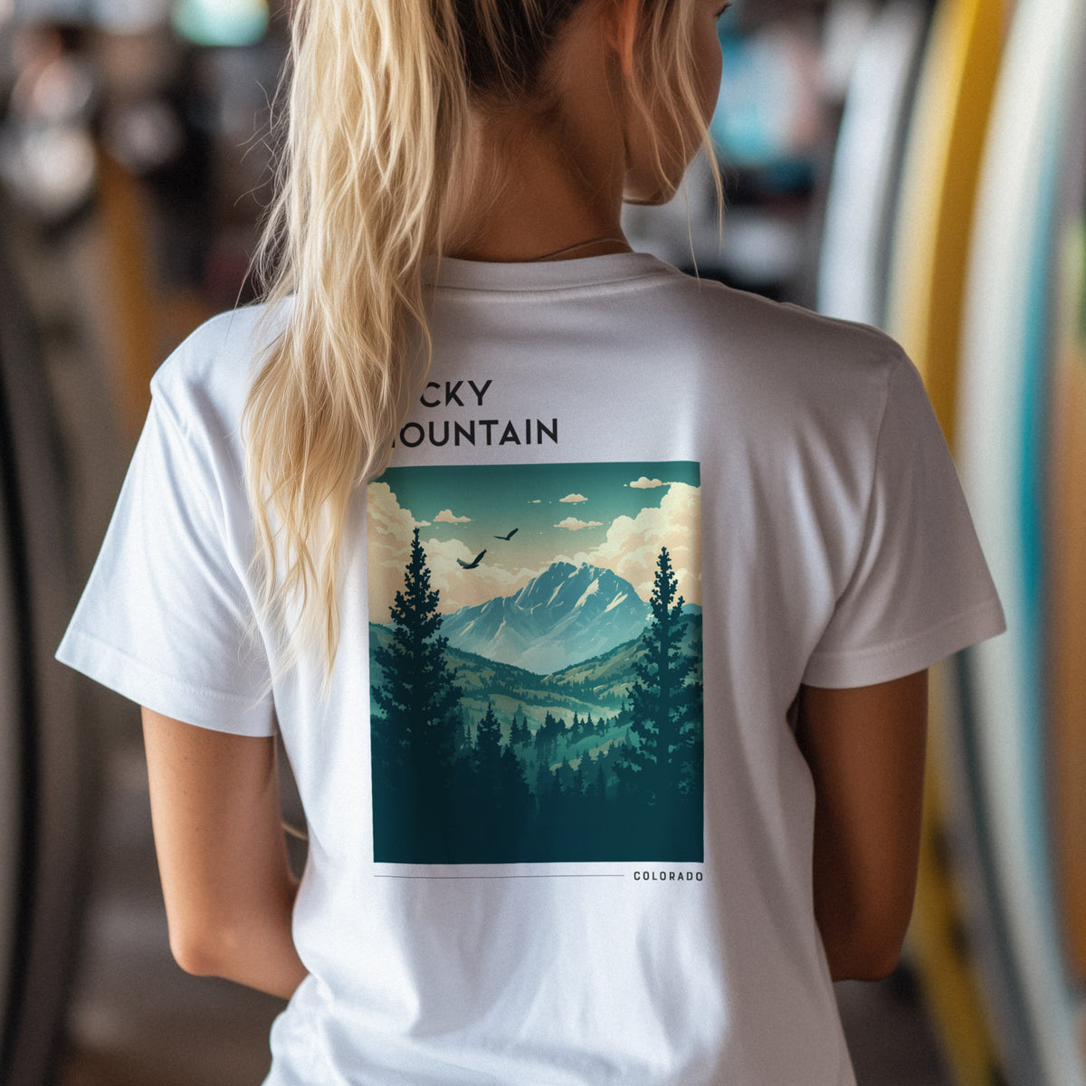 Rocky Mountain National Park Travel T-Shirt | Colorado Alpine Adventure Art Tee — design printed on the back of the t-shirt