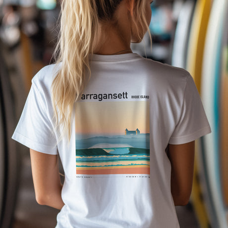 Narragansett Town Beach Surf T-Shirt | Rhode Island Wave Art Tee — design printed on the back of the t-shirt