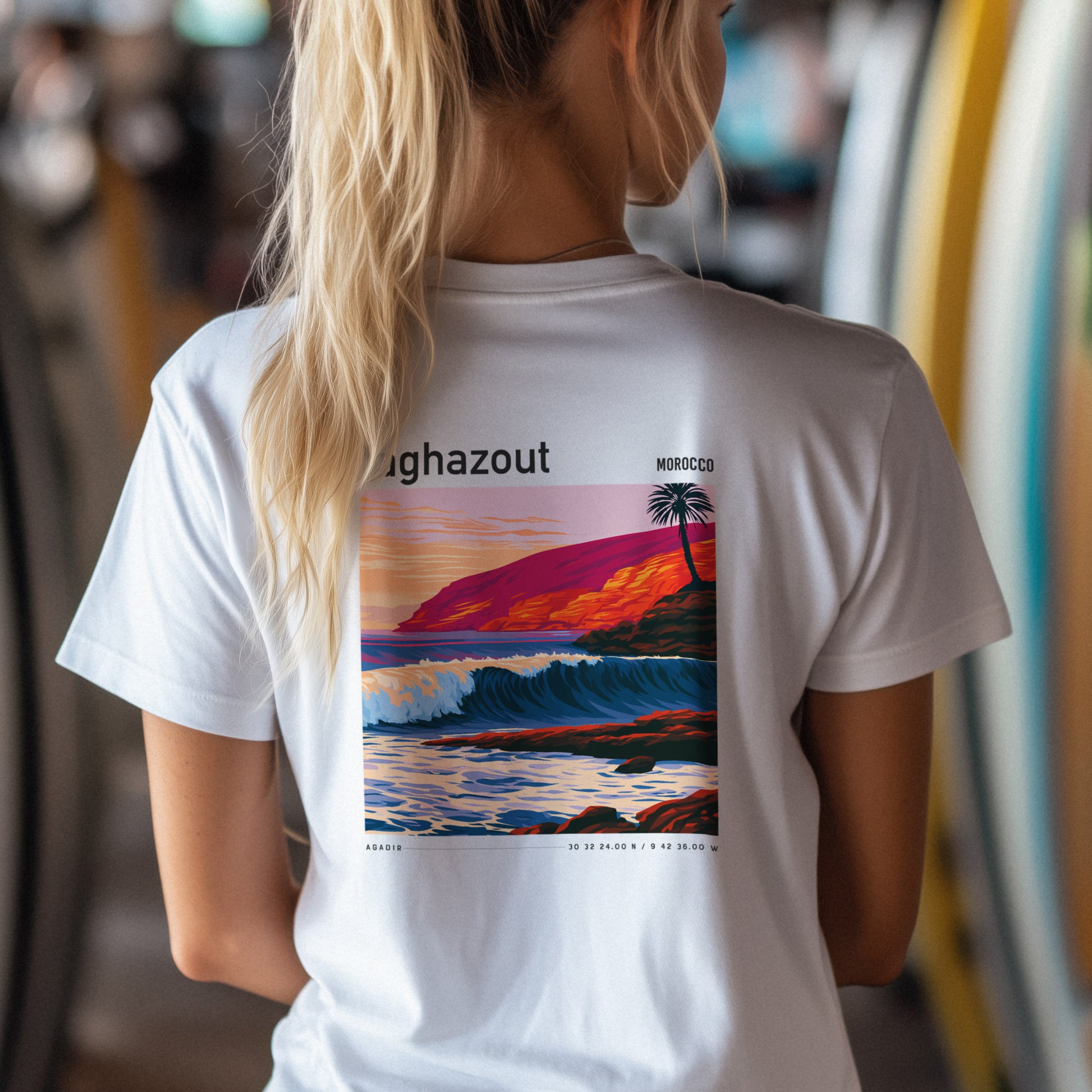 Taghazout Surf T-Shirt | Moroccan Wave Art Tee — design printed on the back of the t-shirt