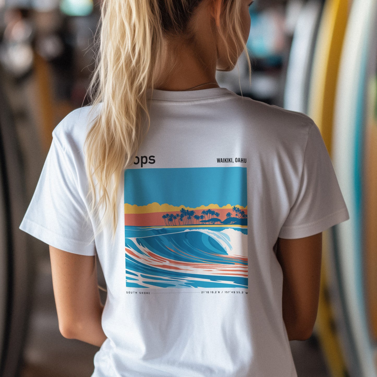 Populars, Hawaii Surf T-Shirt | Warm Walls, Island Soul — design printed on the back of the t-shirt