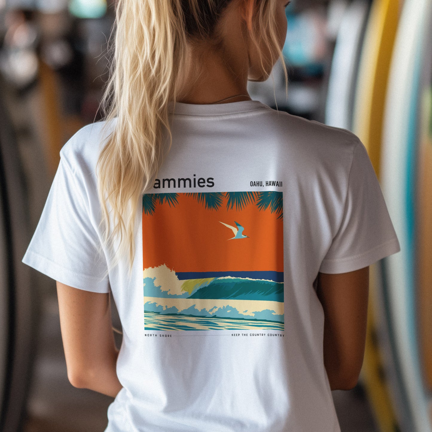 Kammies Surf T-Shirt | Hawaii Wave Art Tee — design printed on the back of the t-shirt