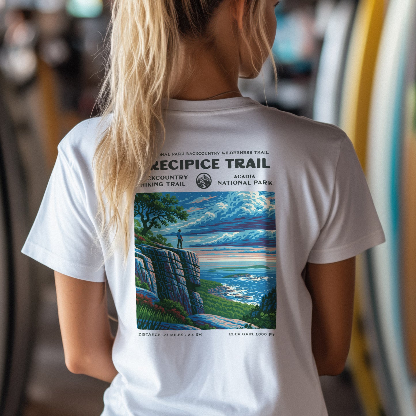Precipice Trail Hiking T-Shirt | Hiker Gift | Acadia's Boldest Climb — design printed on the back of the t-shirt