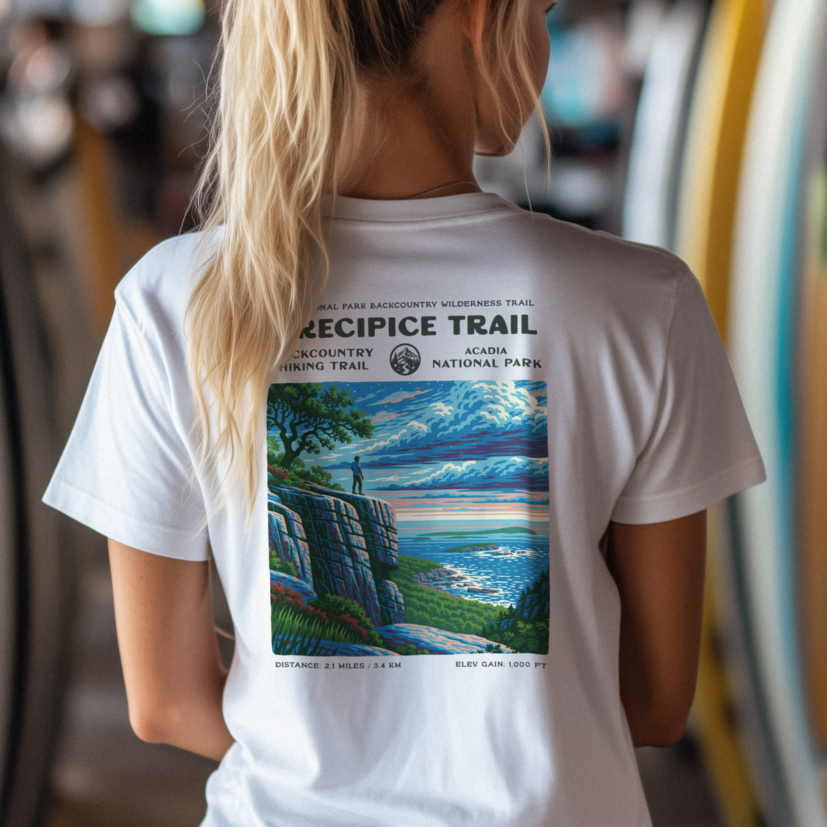 Precipice Trail Hiking T-Shirt | Hiker Gift | Acadia's Boldest Climb — design printed on the back of the t-shirt