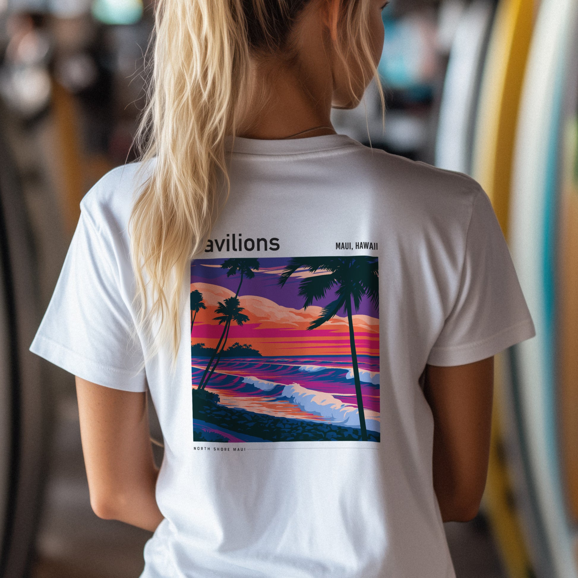 Pavilions Surf T-Shirt | Hawaii Wave Art Tee — design printed on the back of the t-shirt