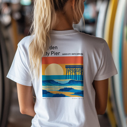 Garden City Pier Surf T-Shirt | Low Country Wave Art Tee — design printed on the back of the t-shirt