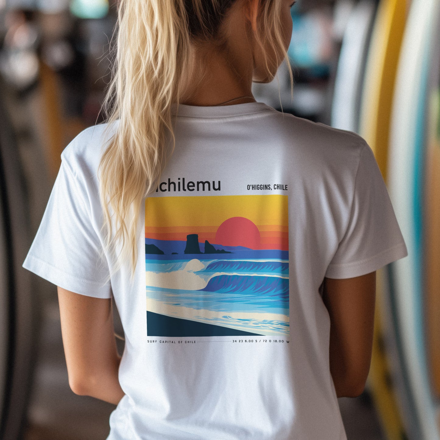 Pichilemu Surf T-Shirt | Chilean Wave Art Tee — design printed on the back of the t-shirt