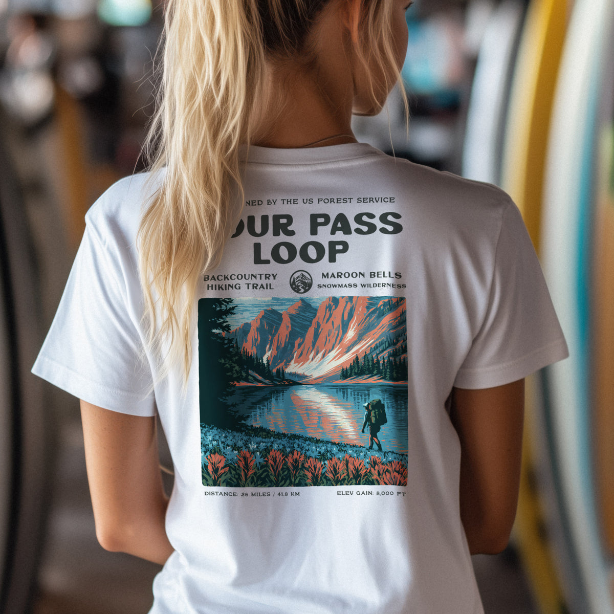 Four Pass Loop Hiking T-Shirt | Hiker Gift | Maroon Bells Wilderness Tee — design printed on the back of the t-shirt
