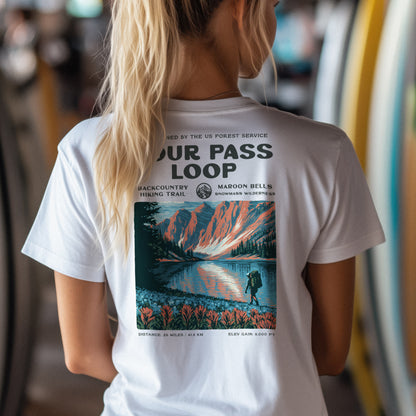 Four Pass Loop Hiking T-Shirt | Hiker Gift | Maroon Bells Wilderness Tee — design printed on the back of the t-shirt