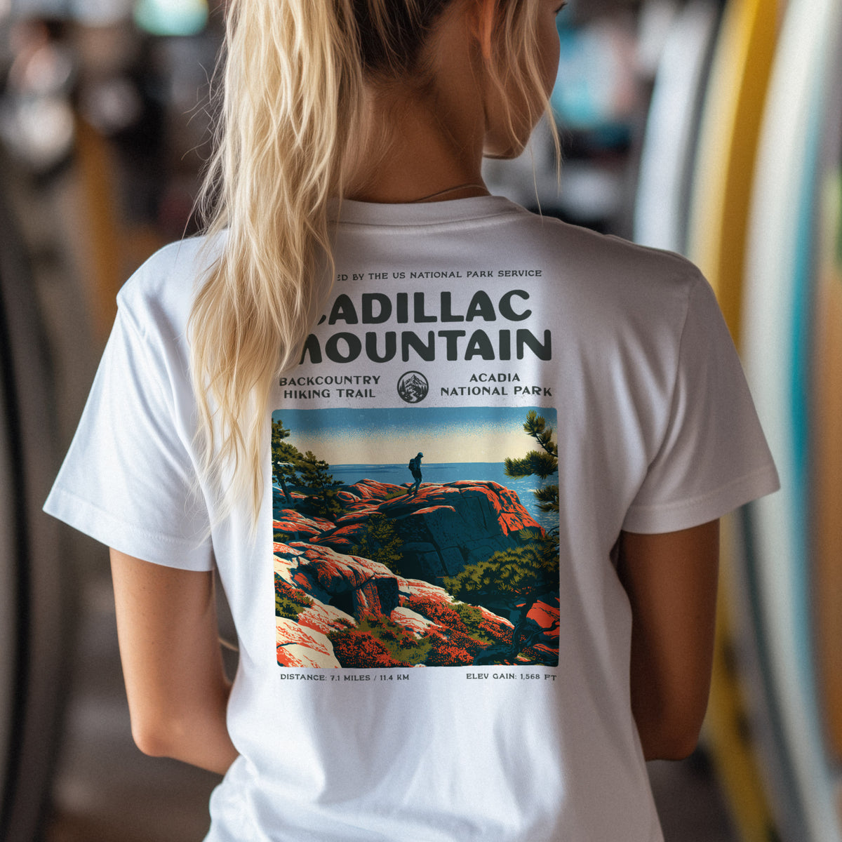 Cadillac Mountain South Ridge Hiking T-Shirt | Hiker Gift | Acadia Trail Tee — design printed on the back of the t-shirt
