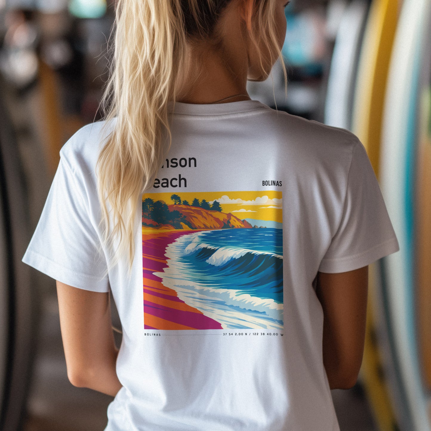 Stinson Beach Surf T-Shirt | Where the Redwoods Meet the Waves — design printed on the back of the t-shirt