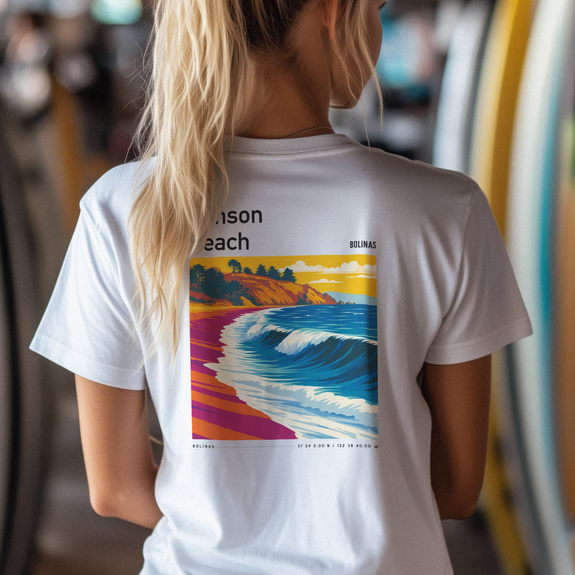 Stinson Beach Surf T-Shirt | Where the Redwoods Meet the Waves — design printed on the back of the t-shirt