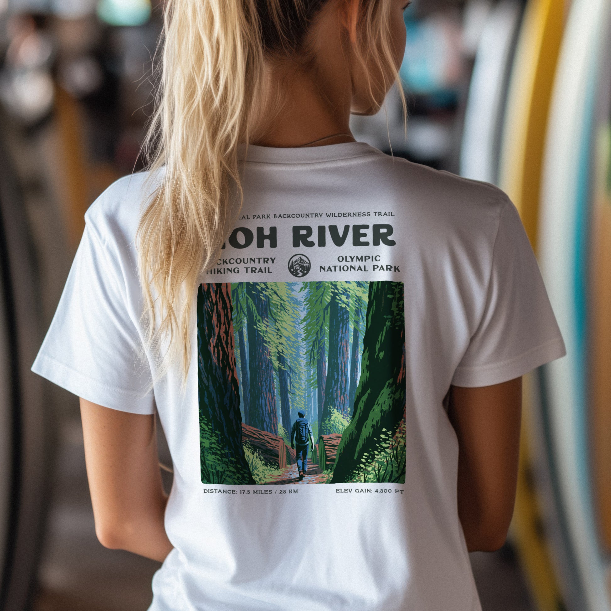 Hoh River Hiking T-Shirt | Olympic Rainforest Trail Art Tee — design printed on the back of the t-shirt