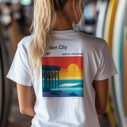 Garden City Pier Surf T-Shirt | Low Country Wave Art Tee — design printed on the back of the t-shirt