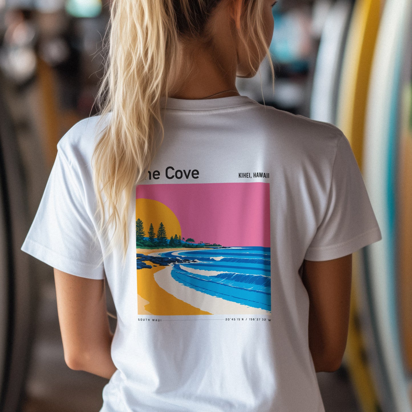 The Cove, Hawaii Surf T-Shirt | Hidden Wave Aloha Art Tee — design printed on the back of the t-shirt