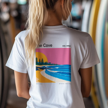 The Cove, Hawaii Surf T-Shirt | Hidden Wave Aloha Art Tee — design printed on the back of the t-shirt