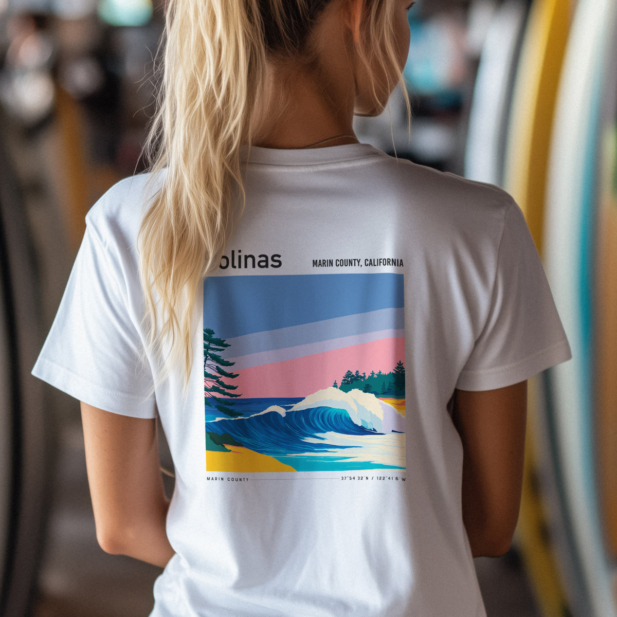 Bolinas Surf T-Shirt | Mellow Waves, Northern California Vibes — design printed on the back of the t-shirt