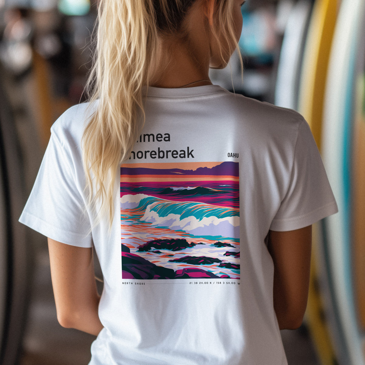 Waimea Shorebreak Surf T-Shirt | Raw Power, Big Wave Art — design printed on the back of the t-shirt