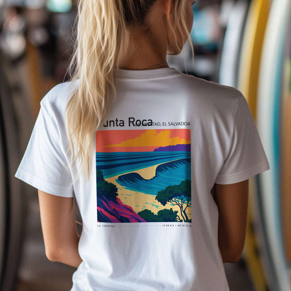 Punta Roca Surf T-Shirt | El Salvador Wave Art Tee — design printed on the back of the t-shirt