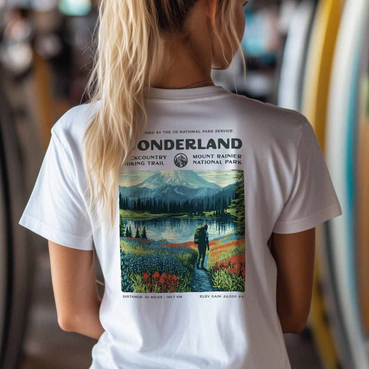 Wonderland Trail Hiking T-Shirt | Hiker Gift | Around Rainier Trail Tee — design printed on the back of the t-shirt